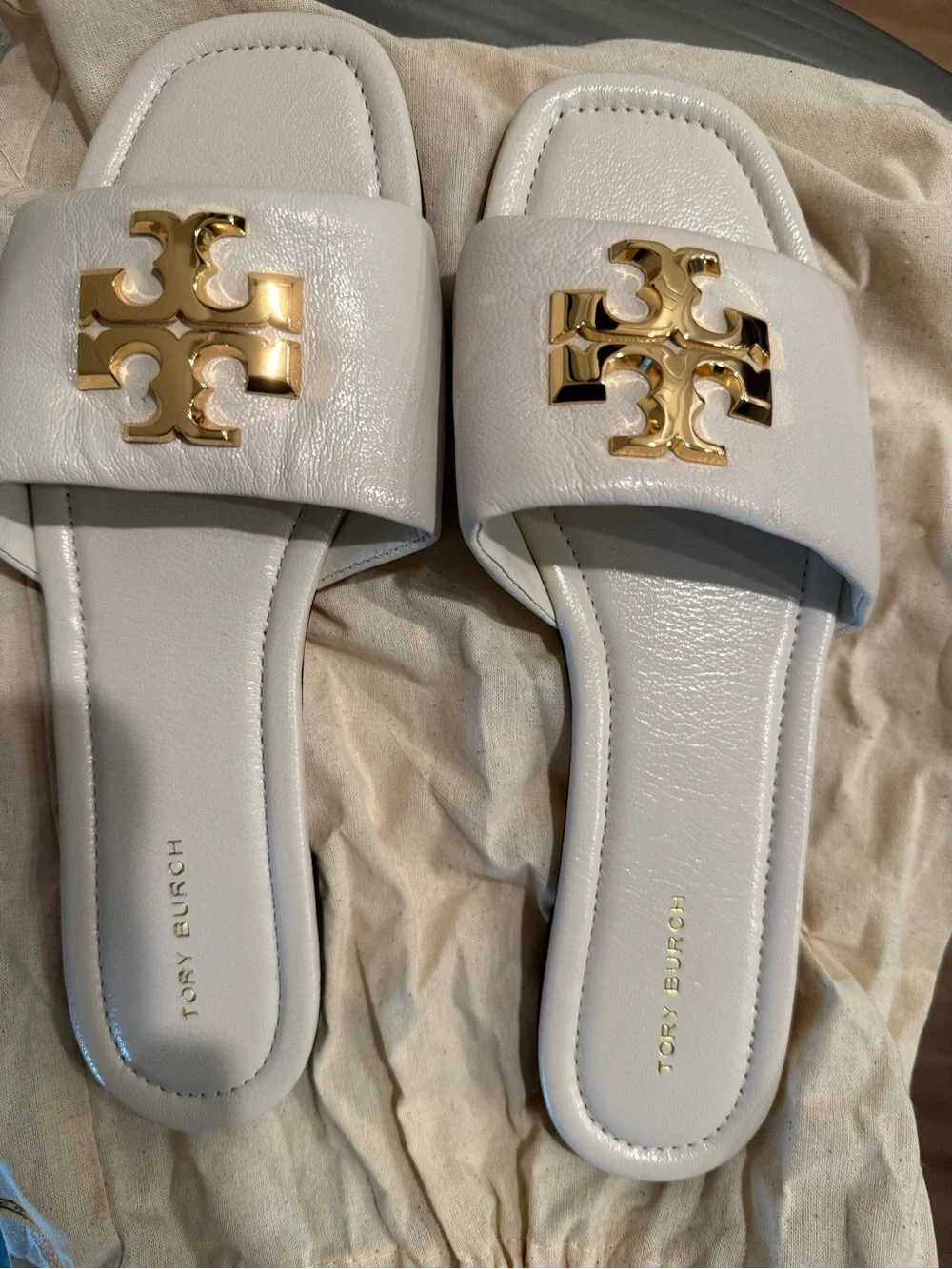 Tory Burch White Leather Slide Sandals with Gold Logo Hardware